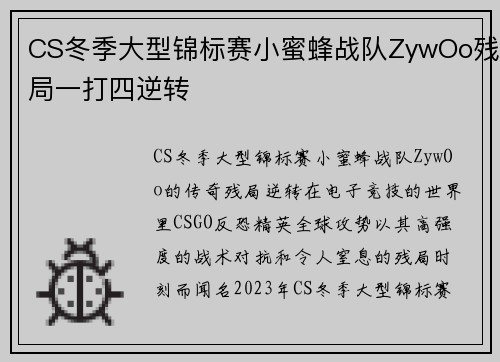 CS冬季大型锦标赛小蜜蜂战队ZywOo残局一打四逆转