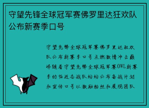 守望先锋全球冠军赛佛罗里达狂欢队公布新赛季口号