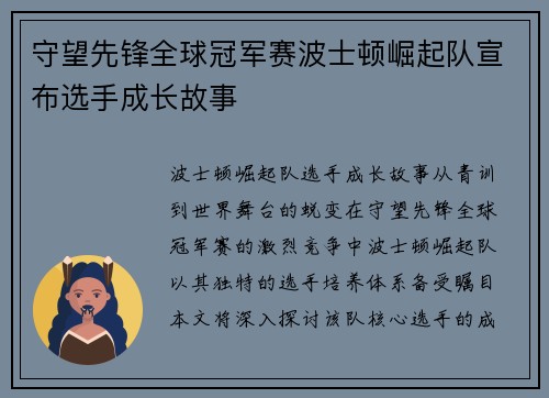 守望先锋全球冠军赛波士顿崛起队宣布选手成长故事